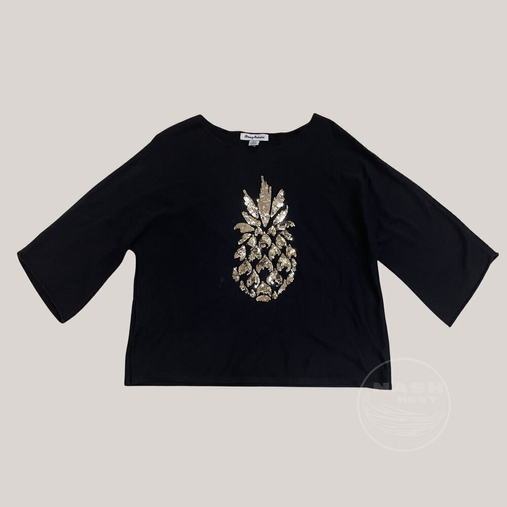 Tommy Bahama Black Cashmere Blend Sweater | Gold Sequin Pineapple, S